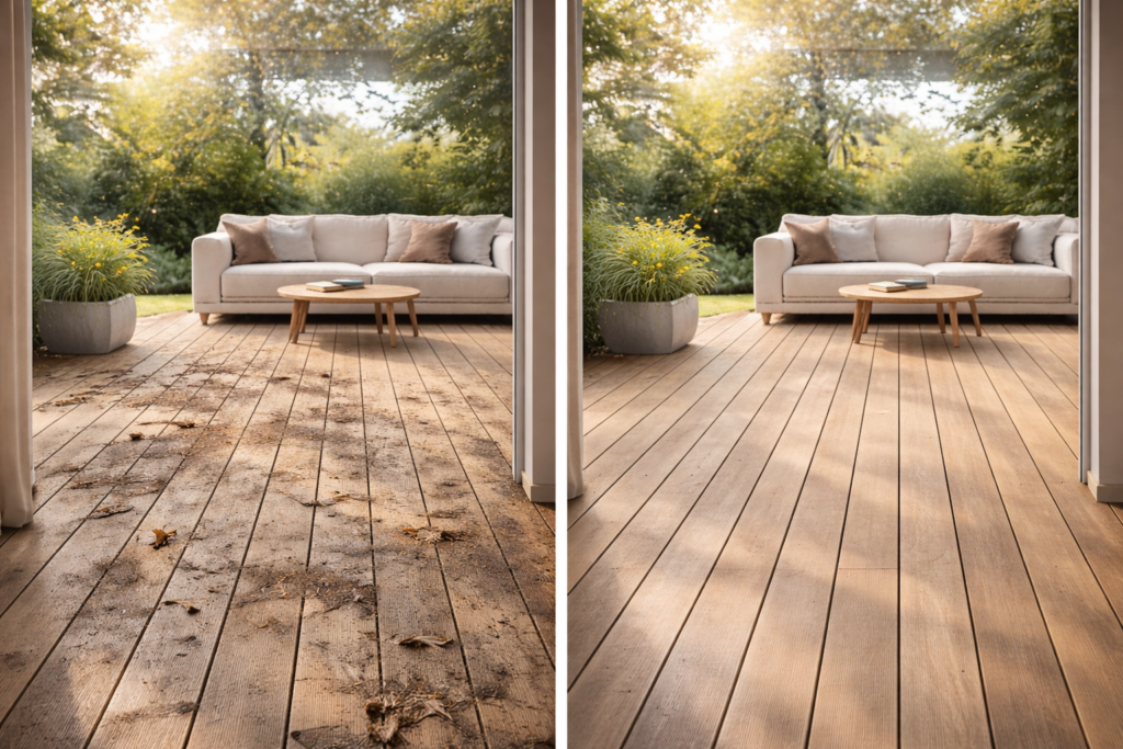Résultat avant après d’un nettoyage de terrasse pour particuliers sur terrasse en bois avec surface visiblement plus propre et uniforme