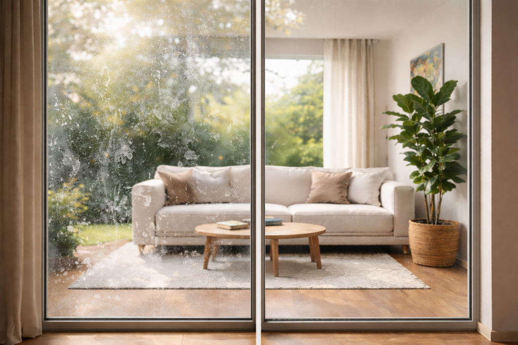 Nettoyage de vitres pour particuliers sur baie vitrée avec vue lumineuse et résultat sans traces