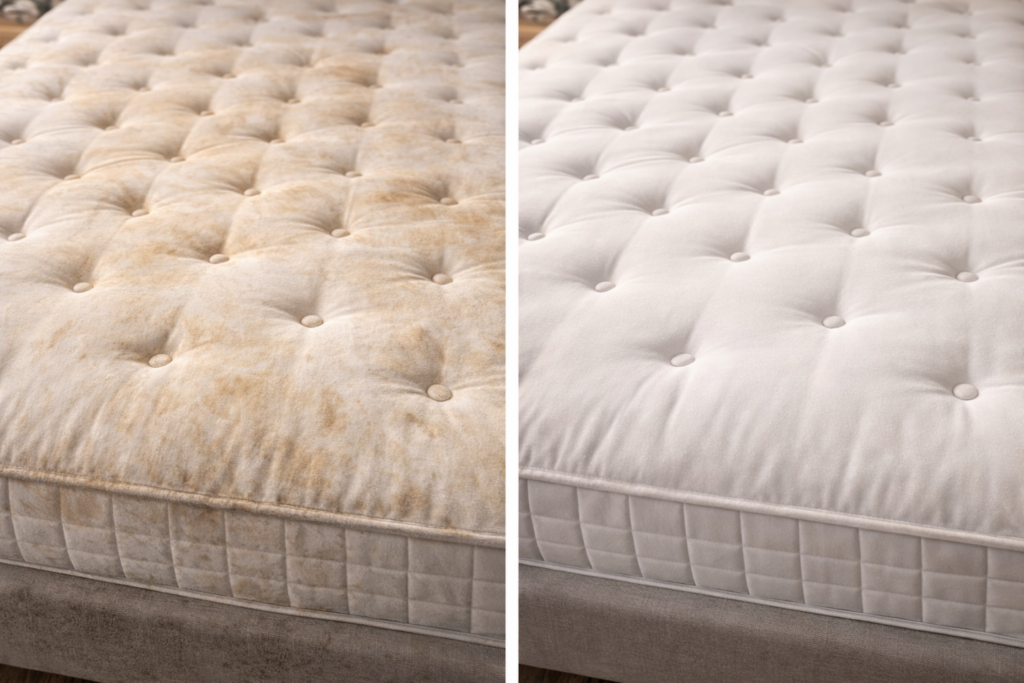 Avant après nettoyage de matelas pour particuliers montrant un matelas taché puis propre et uniforme
